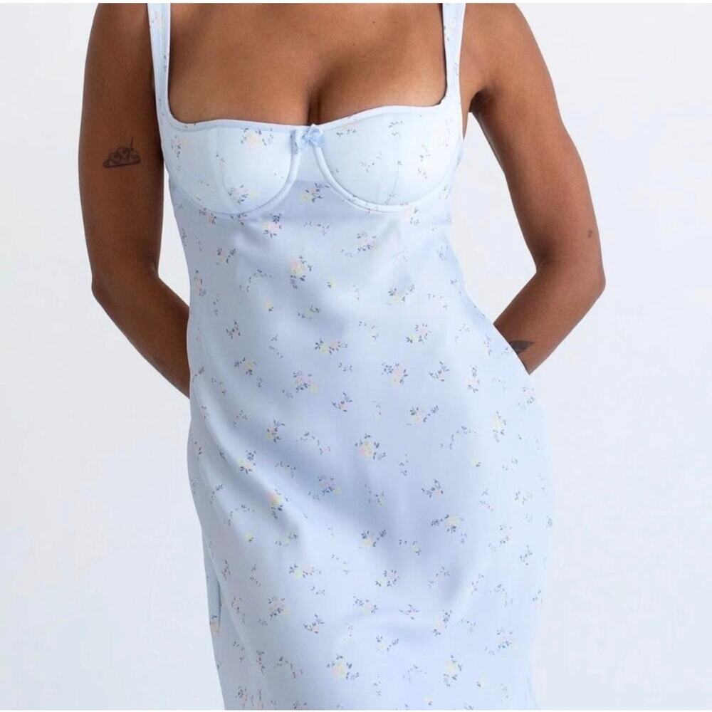 Rumored Loverboy Mini Dress | Forget-Me-Not, Blue Floral Print, Open Back, L NWT